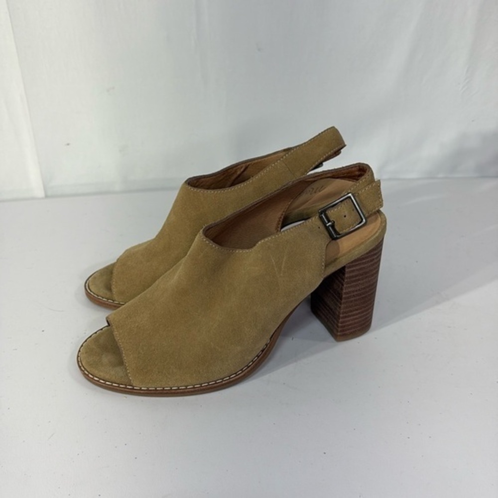 👞 Madewell tan suede sling back peep toe block heels style G1980